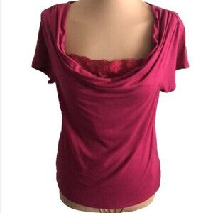 Jones Wear Studio Top Purple Blouse Draped Neck W Lace Detail Short Sleeve Sz M